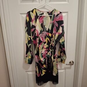 HM Tropical Floral Wrap‎ Mini Dress Black Pink Fringe Hem Long Sleeve Size M